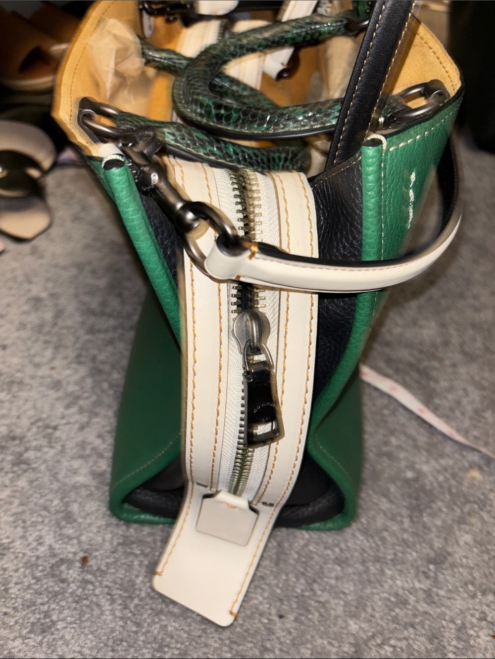 Coach Rogue Green Leather Satchel with Cream Trim and snakeskin handles. - Picture 2 of 11